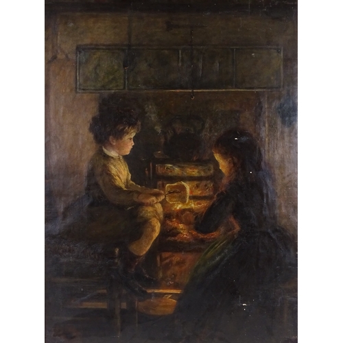 1152 - 19th century oil on canvas laid on board, children beside a fire, unsigned, 30