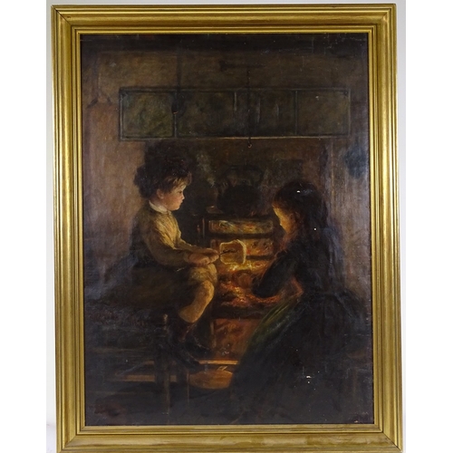 1152 - 19th century oil on canvas laid on board, children beside a fire, unsigned, 30