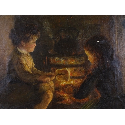 1152 - 19th century oil on canvas laid on board, children beside a fire, unsigned, 30