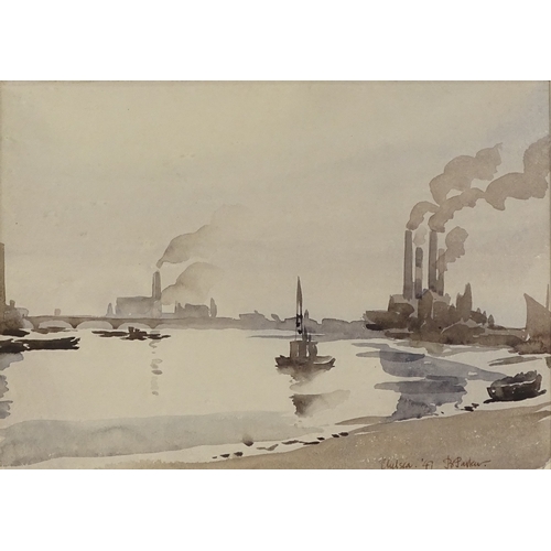 1158 - Bernard Parker, watercolour, Thames at Chelsea, 1947, 10.5