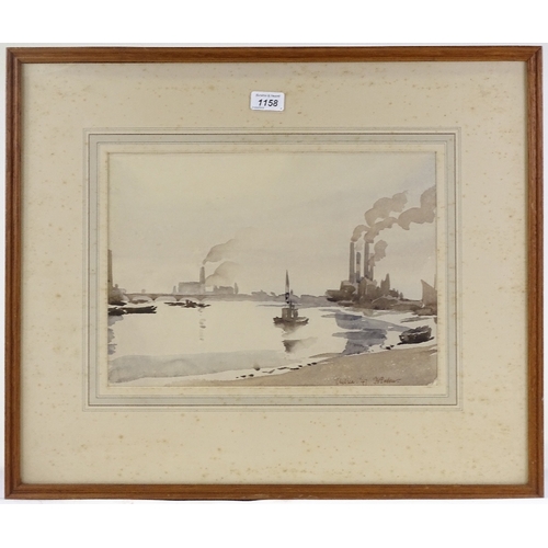 1158 - Bernard Parker, watercolour, Thames at Chelsea, 1947, 10.5