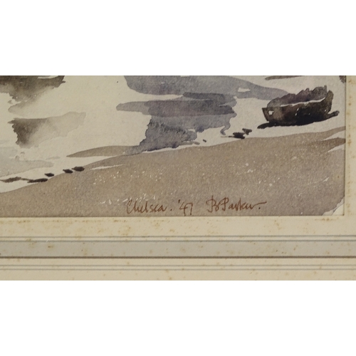 1158 - Bernard Parker, watercolour, Thames at Chelsea, 1947, 10.5