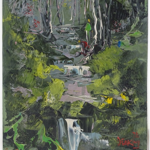 1159 - George Deakins, oil on board, woodland stream, 1973, 32