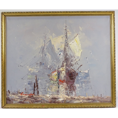 1160 - Cunningham, oil on board, tall ships, 19.5