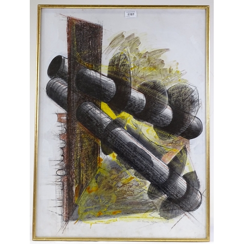 1161 - Peter Thursby, mixed media on paper, two pipe form, study for sculpture, 1964, 30