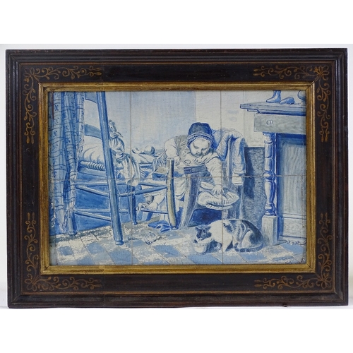 1189 - W N Dirksen, oil on panel, trompe l'oeil simulating Delft tiles, 10.5