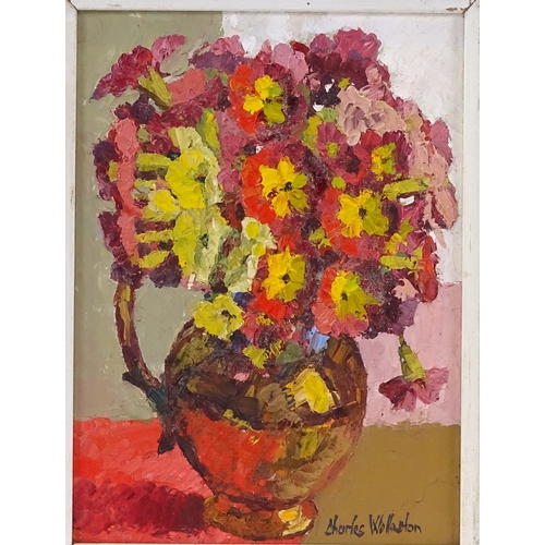 1195 - Charles Wollaston RBA, oil on board, polyanthus, exhibition label verso, 7.5