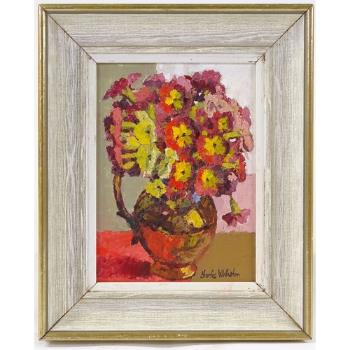 1195 - Charles Wollaston RBA, oil on board, polyanthus, exhibition label verso, 7.5