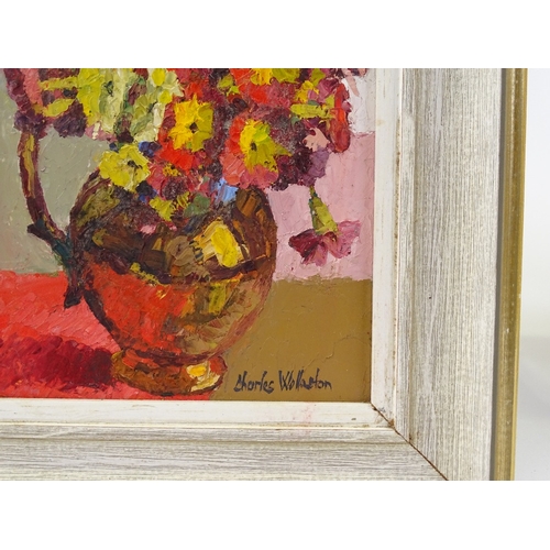 1195 - Charles Wollaston RBA, oil on board, polyanthus, exhibition label verso, 7.5