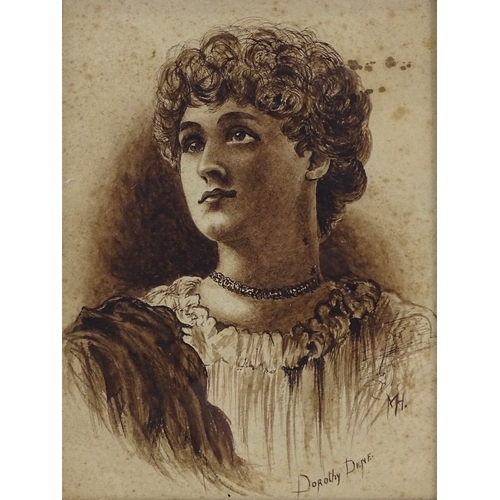 1196 - A 19th century pen and ink portrait of the actress Dorothy Dene, signed with monogram, inscribed ver... 