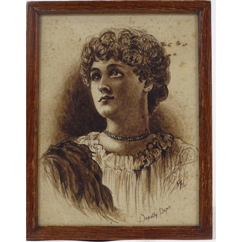 1196 - A 19th century pen and ink portrait of the actress Dorothy Dene, signed with monogram, inscribed ver... 