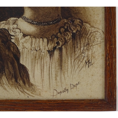 1196 - A 19th century pen and ink portrait of the actress Dorothy Dene, signed with monogram, inscribed ver... 