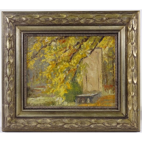 1197 - Belgium School, oil on board, impressionist woodland scene, unsigned, Studio stamp verso, 9