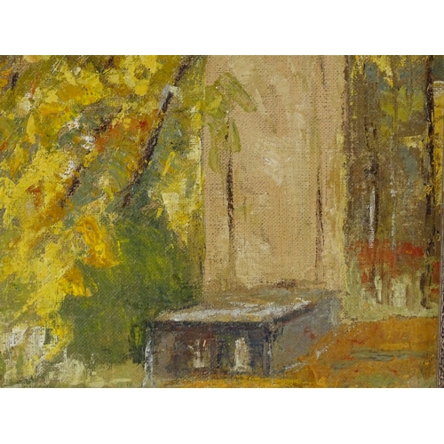 1197 - Belgium School, oil on board, impressionist woodland scene, unsigned, Studio stamp verso, 9