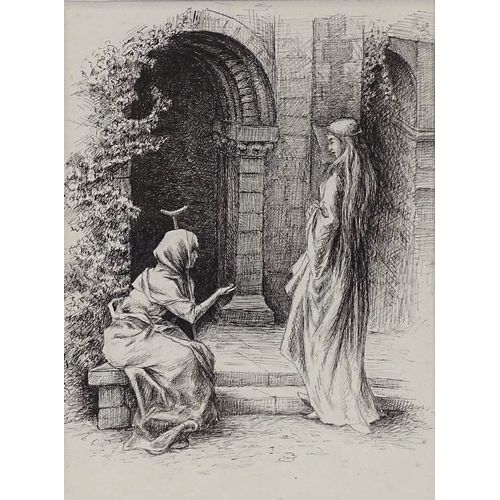 1198 - A 19th century pre-Raphaelite School etching, beggar and lady, indistinctly signed in ink, 10