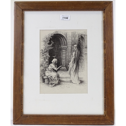 1198 - A 19th century pre-Raphaelite School etching, beggar and lady, indistinctly signed in ink, 10