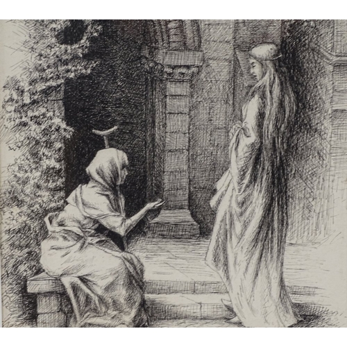 1198 - A 19th century pre-Raphaelite School etching, beggar and lady, indistinctly signed in ink, 10