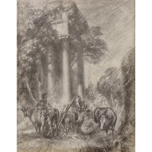 1201 - 19th century charcoal on paper, figures and animals near Classical ruins, unsigned, labels verso, 18... 