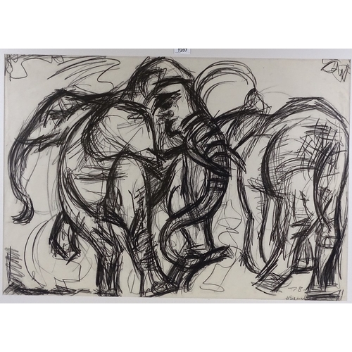 1207 - Henry Sanders, charcoal on paper, elephants, 1978, 23