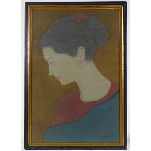 1209 - Sushil Muzumdar, watercolour, portrait of an Indian lady, 1962, exhibition label verso from the Comm... 