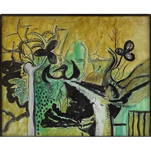 1225 - Manner of Graham Sutherland, mixed media, surrealist composition, unsigned, 10