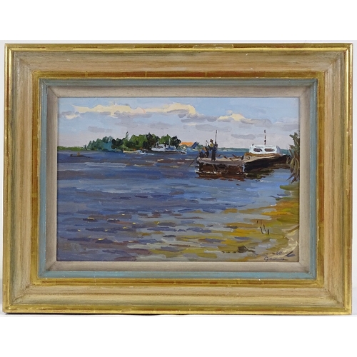 1229 - Piotr Soulimenko (born 1914), oil on card, pier on the River Dnieper, 9