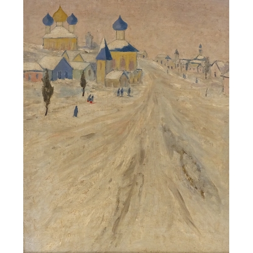 1232 - Russian School, oil on canvas, impressionist snow covered street scene, unsigned 19