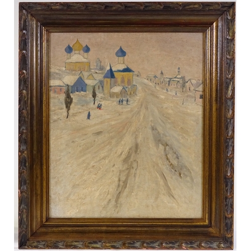 1232 - Russian School, oil on canvas, impressionist snow covered street scene, unsigned 19