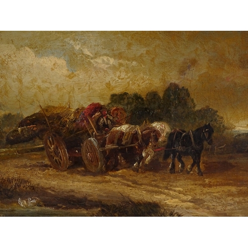 1233 - 19th century English School, oil on canvas, horse drawn timber wagon, unsigned, 12