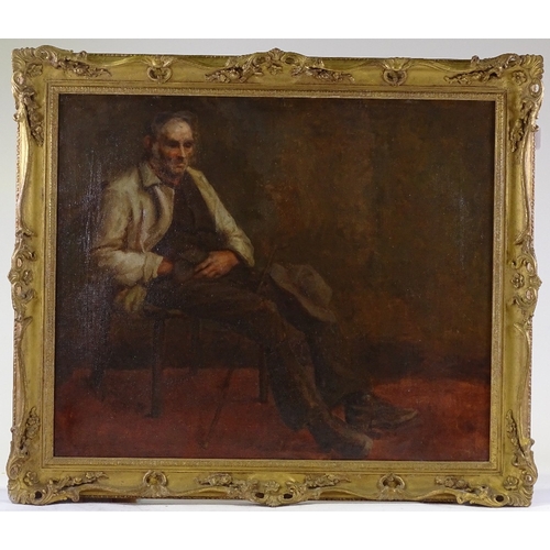 1237 - 19th century oil on canvas, portrait of a seated worker, unsigned, 25