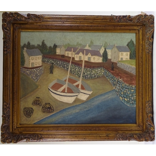 1238 - Modern British style oil on canvas, harbour scene, unsigned, 24