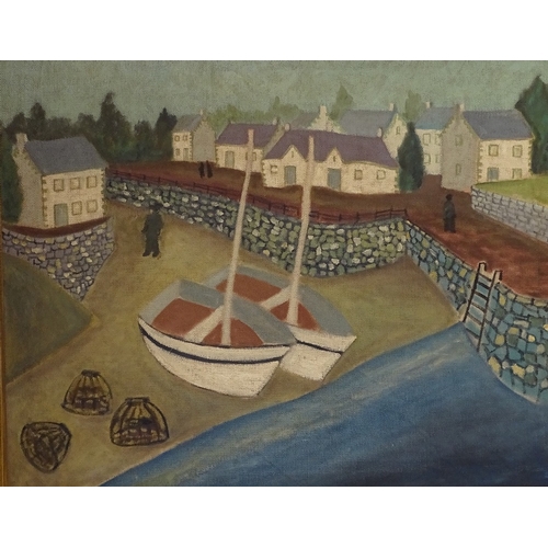 1238 - Modern British style oil on canvas, harbour scene, unsigned, 24