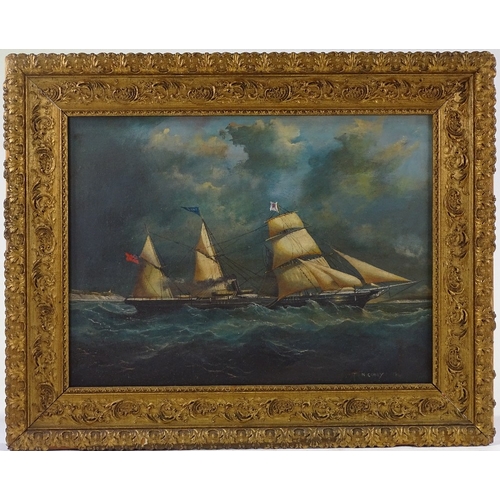 1240 - T N Condy, oil on canvas, 3 masted ship off the coast, 15