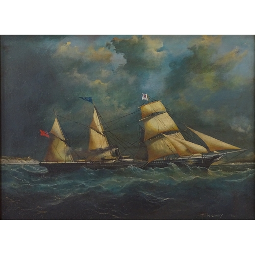 1240 - T N Condy, oil on canvas, 3 masted ship off the coast, 15