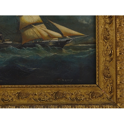 1240 - T N Condy, oil on canvas, 3 masted ship off the coast, 15