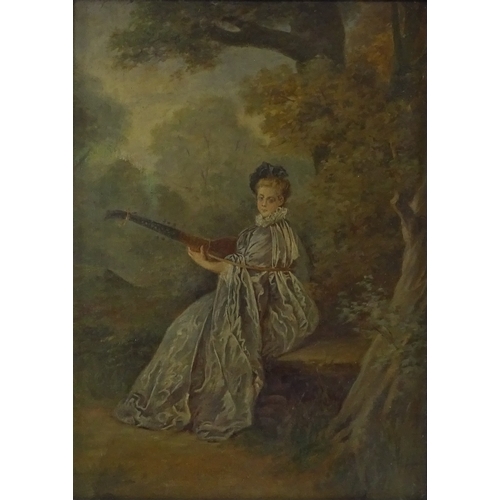 1241 - 19th century French School, oil on canvas laid on board, portrait of a woman playing a lute, unsigne... 