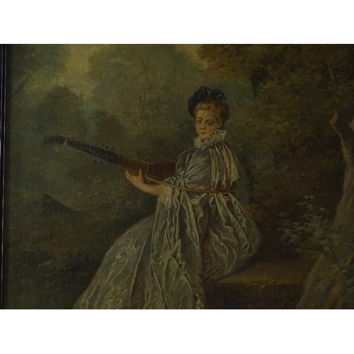 1241 - 19th century French School, oil on canvas laid on board, portrait of a woman playing a lute, unsigne... 