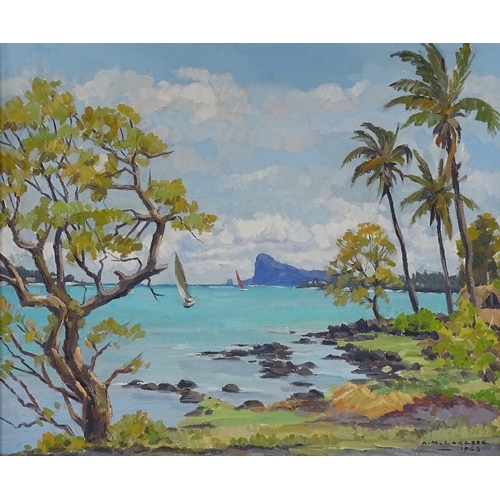 1242 - Arthur Marcel Lagresse (1917 - 1999), oil on canvas board, coastal scene in Mauritius, 1963, 20