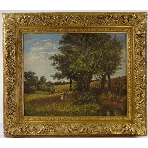 1243 - 19th century oil on canvas, woman and child in a rural landscape, unsigned, 16