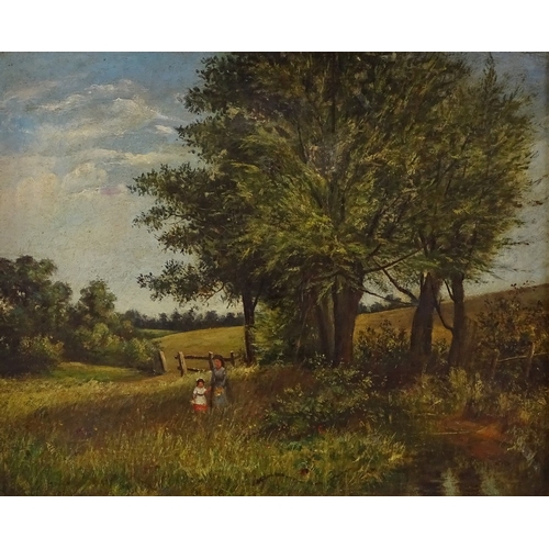 1243 - 19th century oil on canvas, woman and child in a rural landscape, unsigned, 16