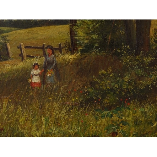 1243 - 19th century oil on canvas, woman and child in a rural landscape, unsigned, 16