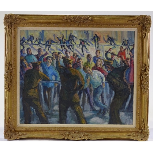 1244 - Mid-20th century Continental School, oil on canvas, riot police, unsigned, 20