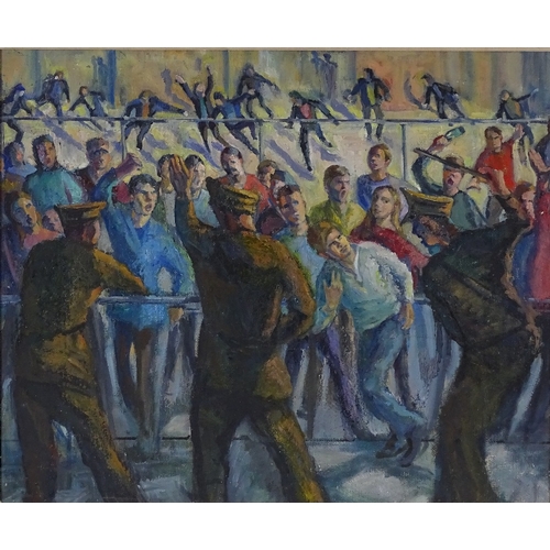 1244 - Mid-20th century Continental School, oil on canvas, riot police, unsigned, 20