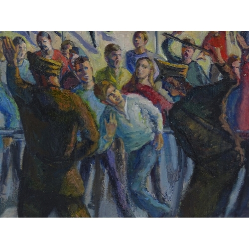 1244 - Mid-20th century Continental School, oil on canvas, riot police, unsigned, 20