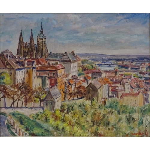 1245 - Mid-20th century oil on canvas, view of Prague, indistinctly signed, dated 1959, 17