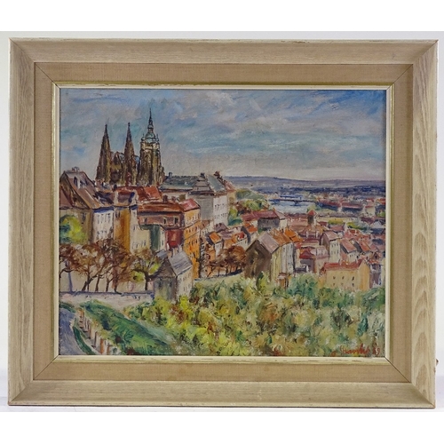 1245 - Mid-20th century oil on canvas, view of Prague, indistinctly signed, dated 1959, 17