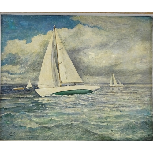 1251 - Mid-20th century British School, oil on board, yachts on the Solent, signed with monogram ES, 9.5