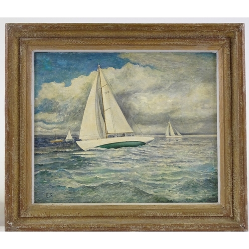 1251 - Mid-20th century British School, oil on board, yachts on the Solent, signed with monogram ES, 9.5