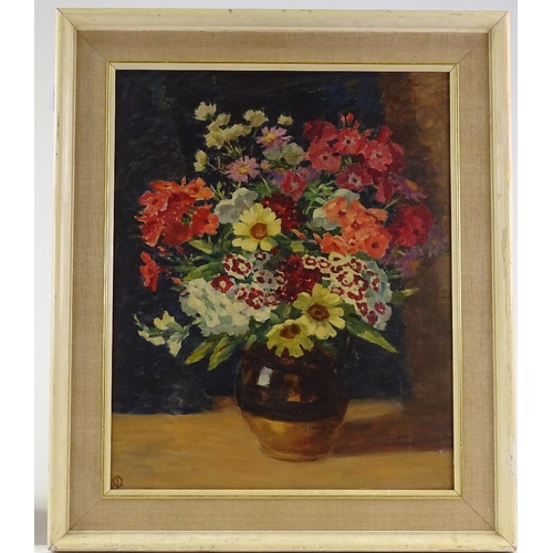 1258 - Mid-20th century British School, oil on canvas, still life flowers, signed with monogram, 21