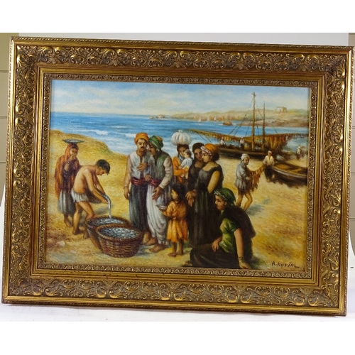 1265 - Middle Eastern School, 2 oils on canvas, figures at the beach, 19